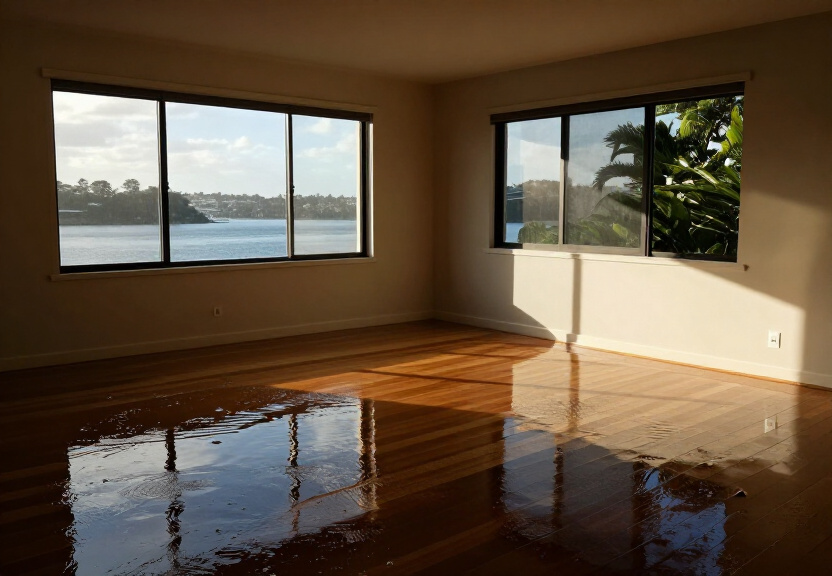 Flooded apartment living room in Wolli Creek before restoration